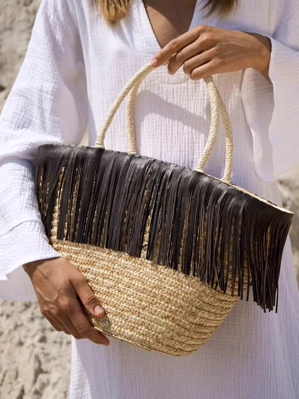 Сумка-корзинка из соломы с удлиненными ручками с бахромой MYARI